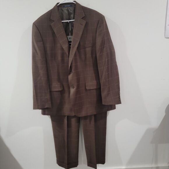 Paul Fredrick Mens Suit Size 48 R Brown Windowpane Plaid Wool Classic Fit Retro - Picture 1 of 15
